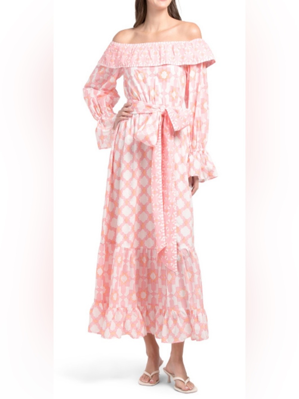 Sue sartor NWT pink cotton geo marias flounce off shoulder belted dress sz s